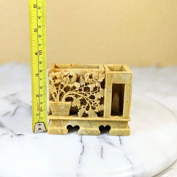 Antique Chinese Shoushan Stone Hand Carved Vase Desk Organizer
